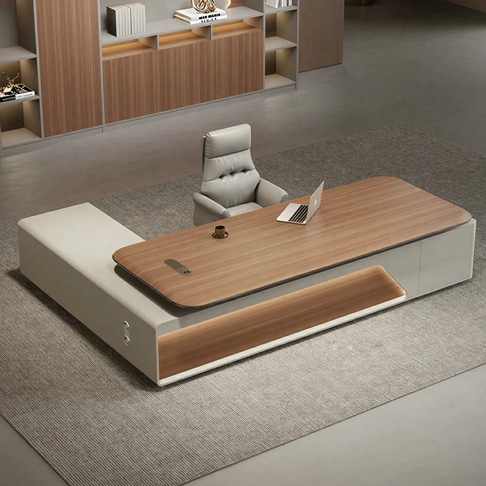 LUXORA Executive Office Desk - Modern Manager Workstation with Side Cabinet - Walnut & Cream White