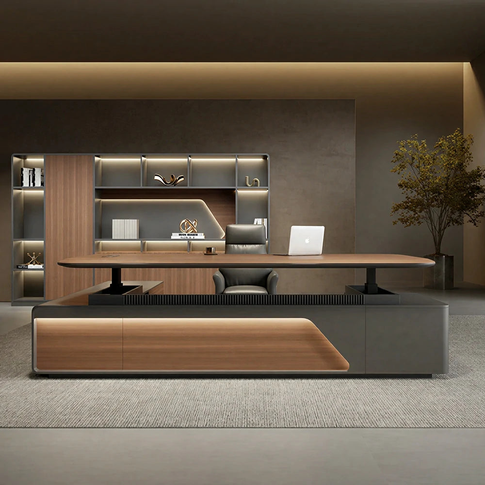 LUXORA Executive Office Desk - Modern Manager Workstation with Side Cabinet - Walnut & Cream White