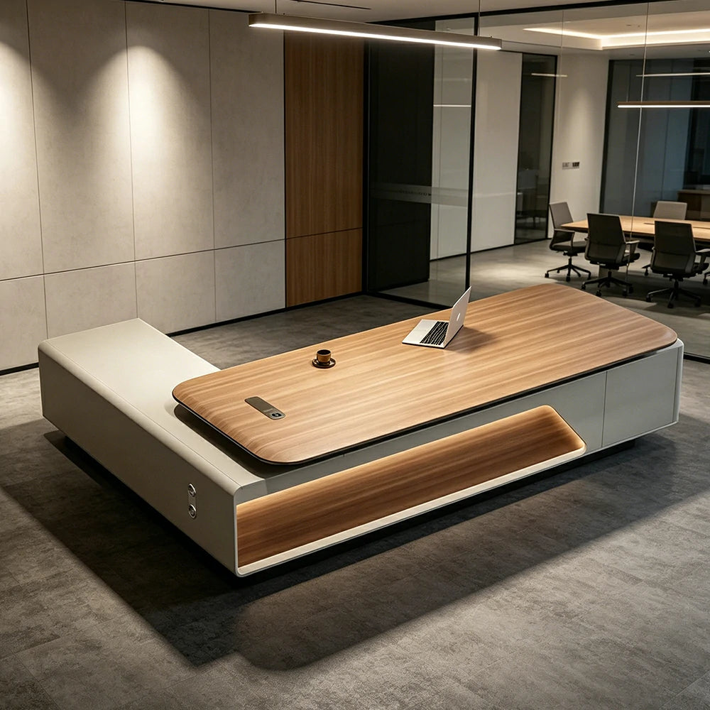 LUXORA Executive Office Desk - Modern Manager Workstation with Side Cabinet - Walnut & Cream White