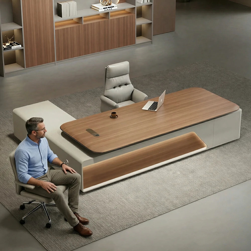 LUXORA Executive Office Desk - Modern Manager Workstation with Side Cabinet - Walnut & Cream White