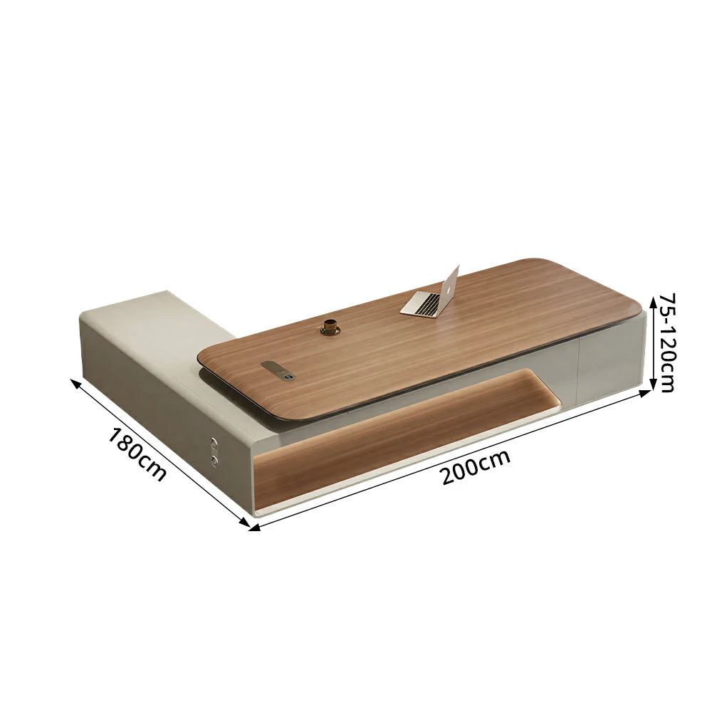 LUXORA Executive Office Desk - Modern Manager Workstation with Side Cabinet - Walnut & Cream White