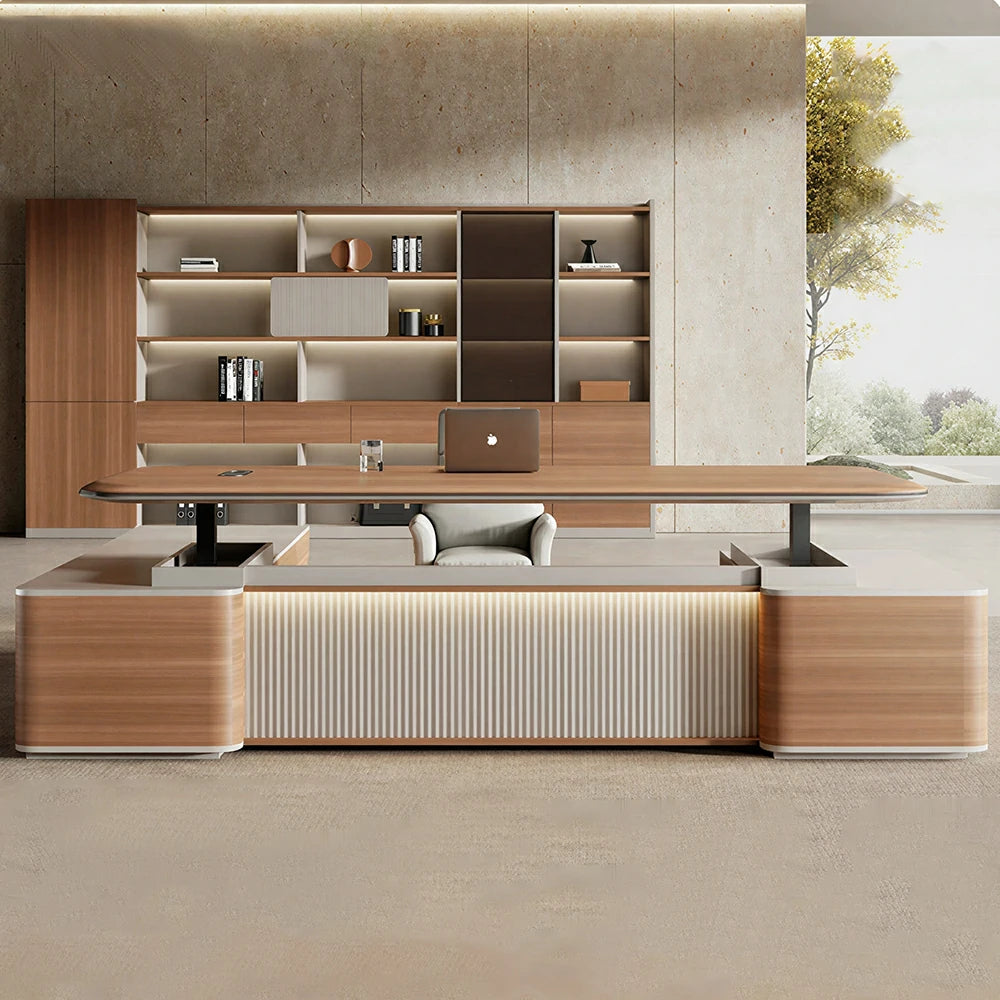 LUXORA Executive Office Desk - Modern Manager Workstation with Side Cabinet - Walnut & Grey