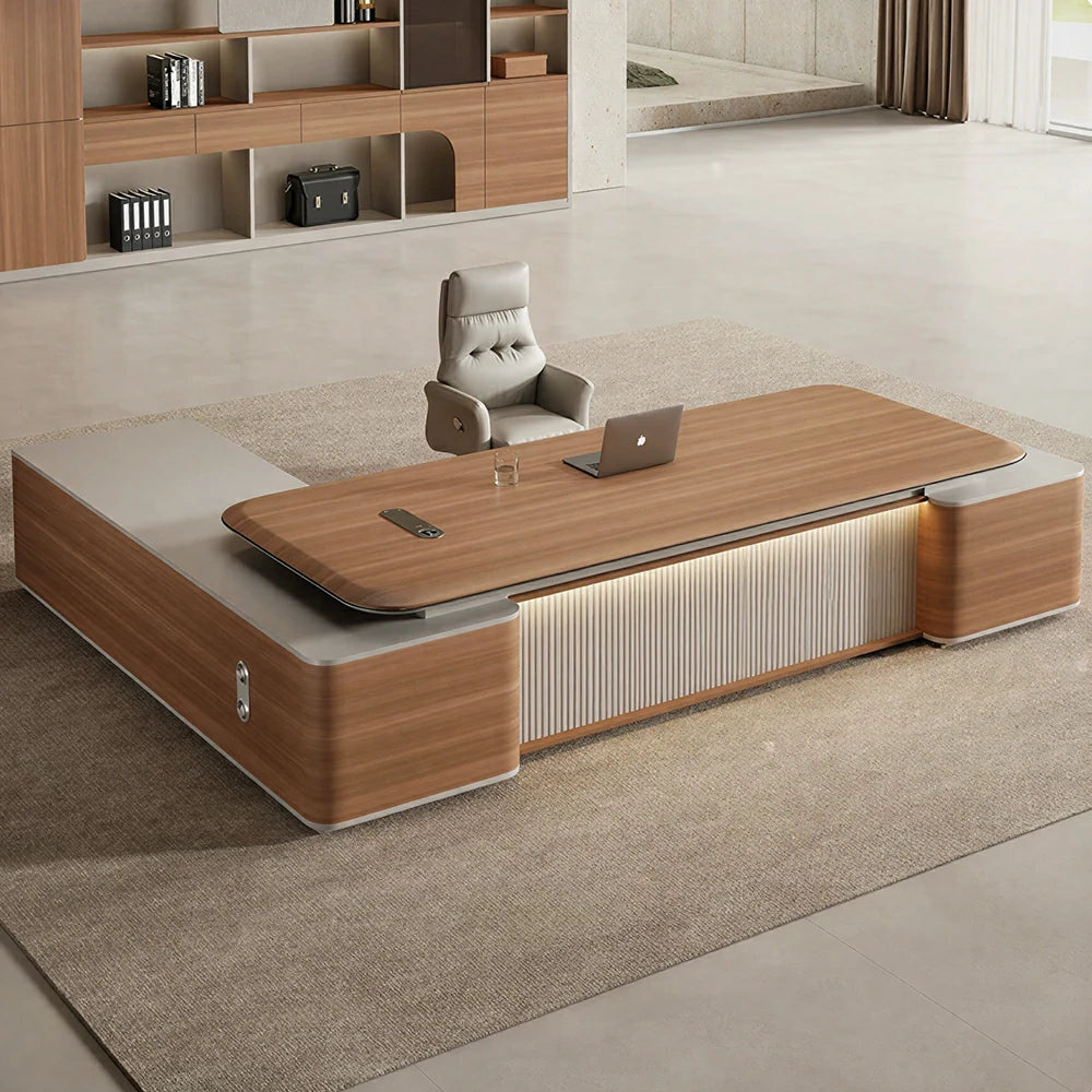 LUXORA Executive Office Desk - Modern Manager Workstation with Side Cabinet - Walnut & Grey
