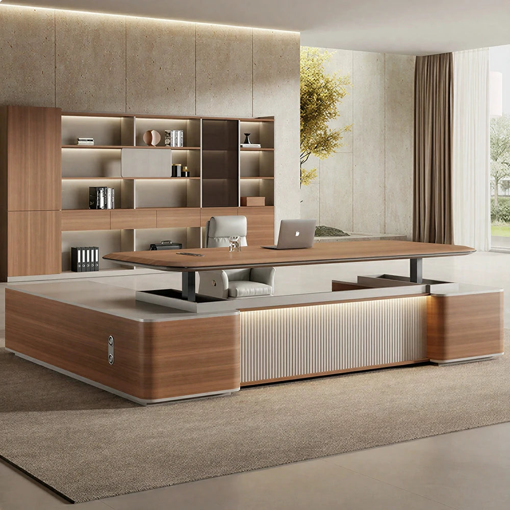 LUXORA Executive Office Desk - Modern Manager Workstation with Side Cabinet - Walnut & Grey