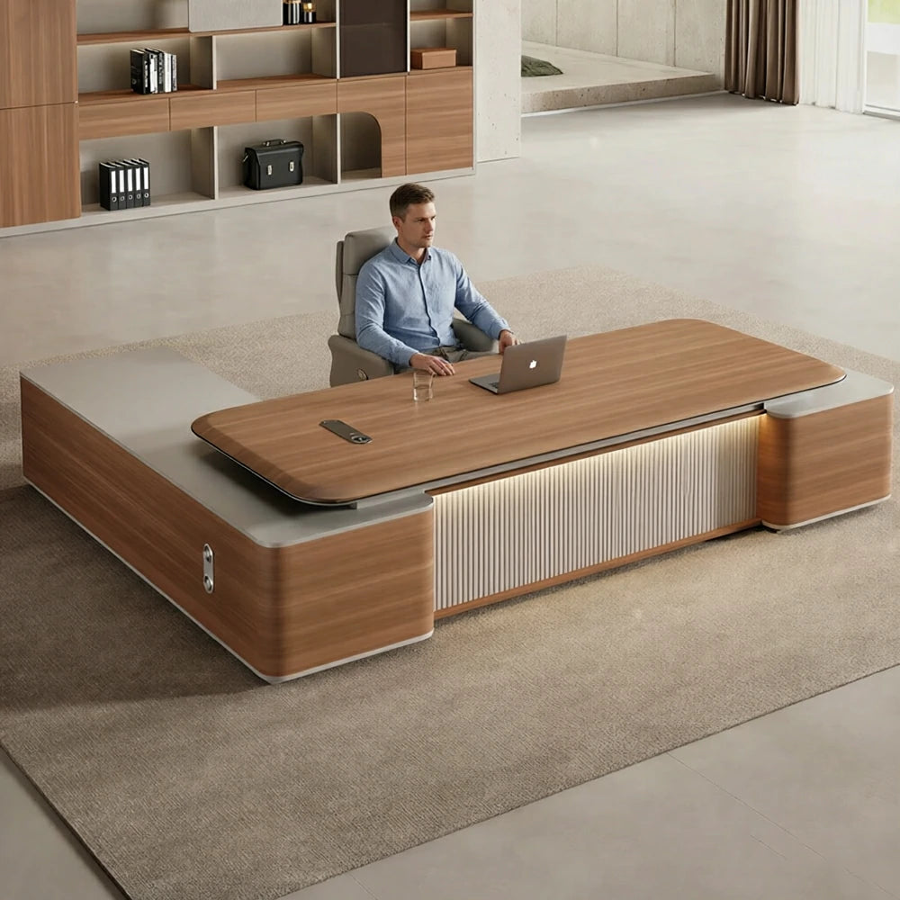 LUXORA Executive Office Desk - Modern Manager Workstation with Side Cabinet - Walnut & Grey