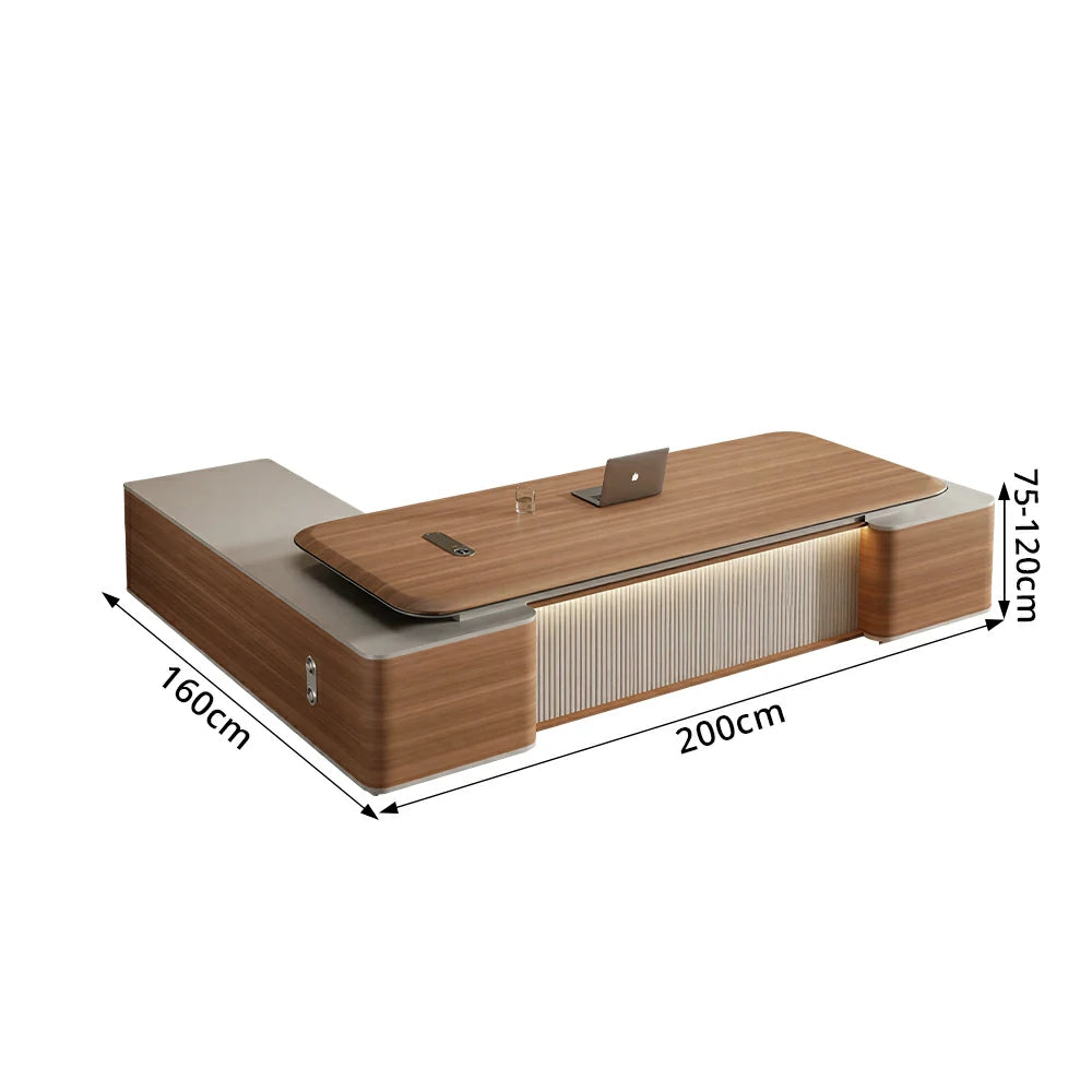 LUXORA Executive Office Desk - Modern Manager Workstation with Side Cabinet - Walnut & Grey