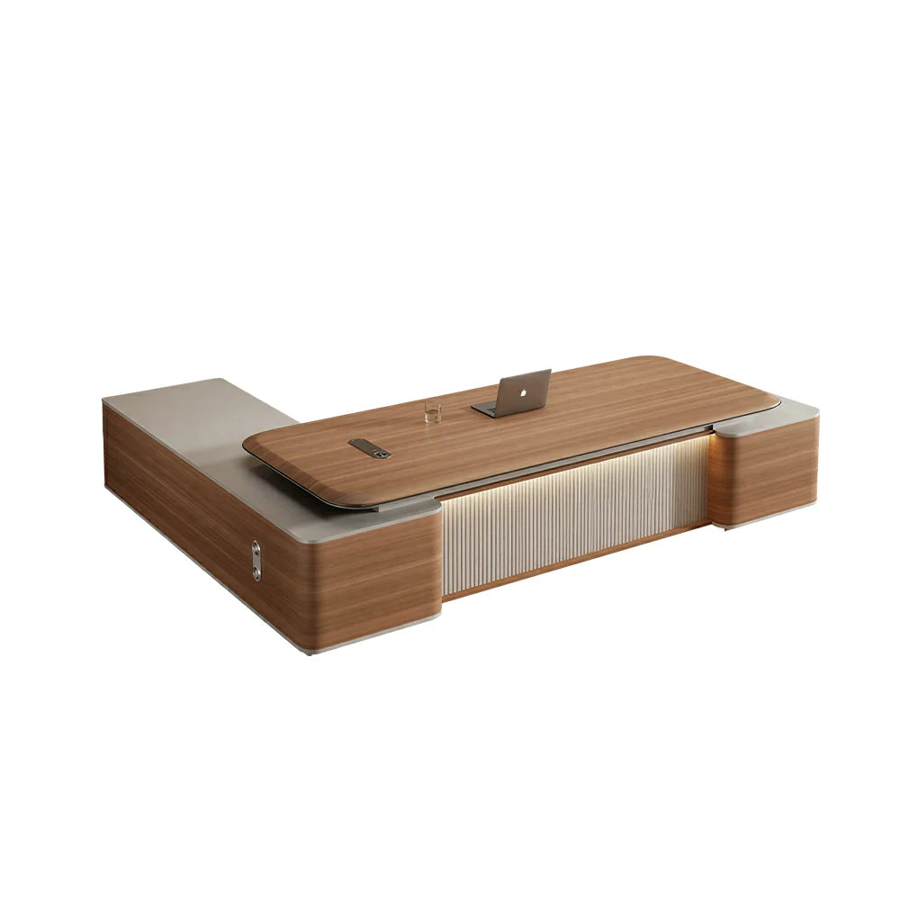 LUXORA Executive Office Desk - Modern Manager Workstation with Side Cabinet - Walnut & Grey