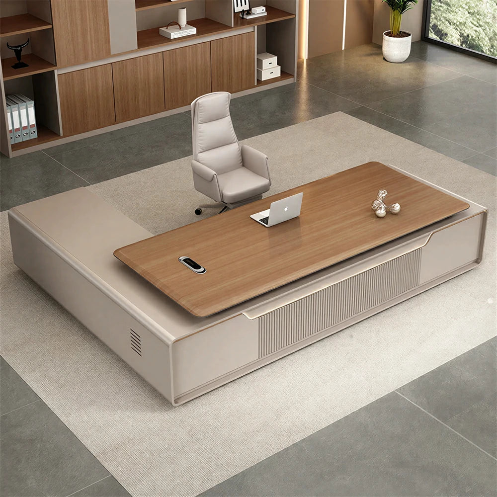 LUXORA Executive Office Desk - Modern Manager Workstation with Storage Cabinet - Walnut & Champagne