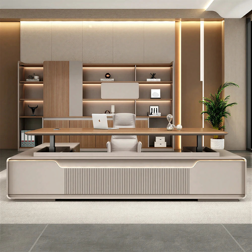 LUXORA Executive Office Desk - Modern Manager Workstation with Storage Cabinet - Walnut & Champagne