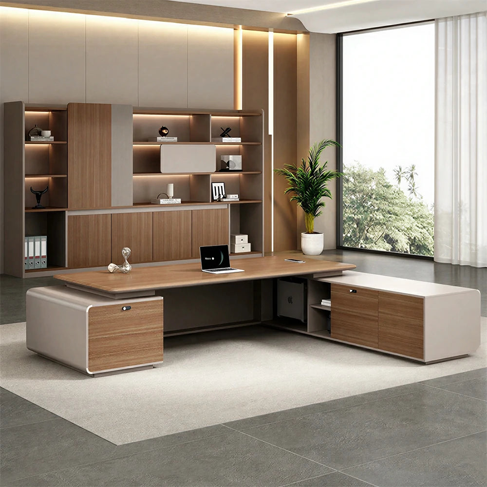 LUXORA Executive Office Desk - Modern Manager Workstation with Storage Cabinet - Walnut & Champagne