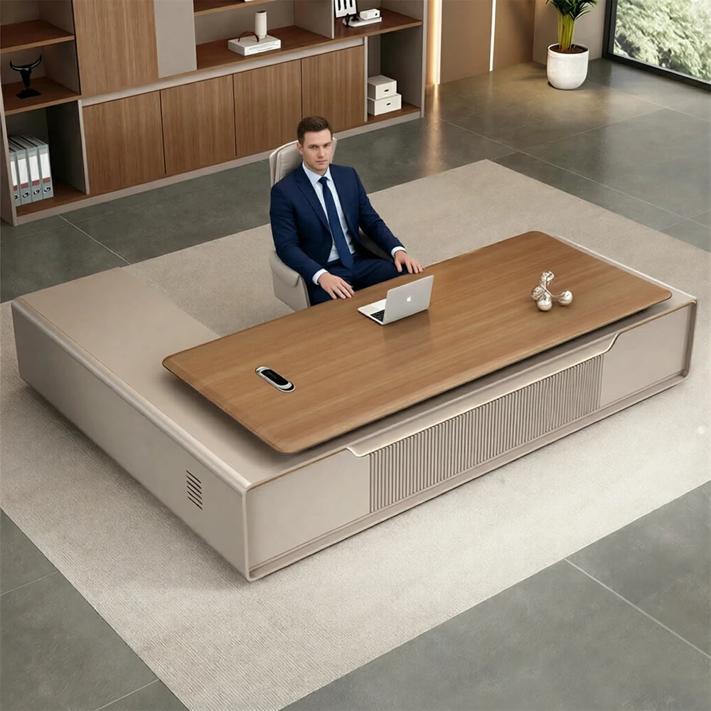 LUXORA Executive Office Desk - Modern Manager Workstation with Storage Cabinet - Walnut & Champagne