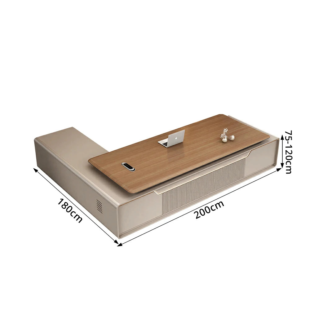 LUXORA Executive Office Desk - Modern Manager Workstation with Storage Cabinet - Walnut & Champagne