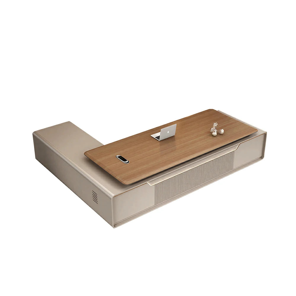 LUXORA Executive Office Desk - Modern Manager Workstation with Storage Cabinet - Walnut & Champagne
