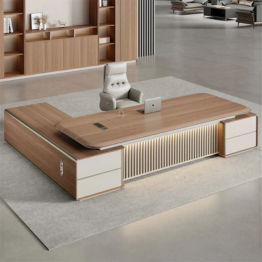 LUXORA 2.0m Flagship Executive Height Adjustable Desk - Premium Office Workstation with Storage - Walnut & Cream