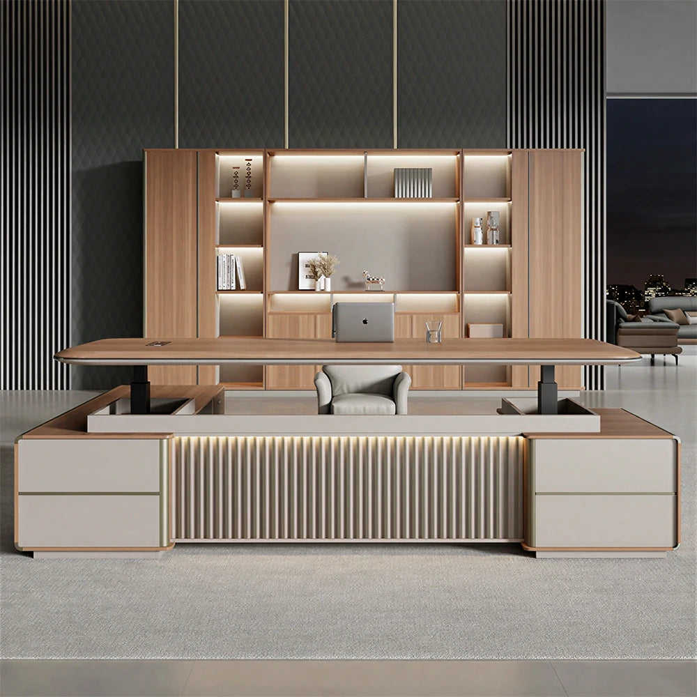 LUXORA 2.0m Flagship Executive Height Adjustable Desk - Premium Office Workstation with Storage - Walnut & Cream