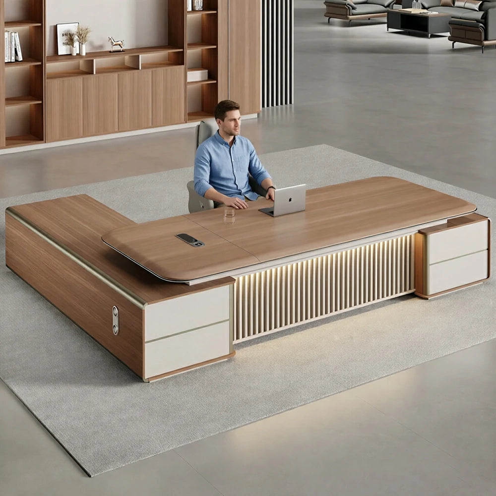 LUXORA 2.0m Flagship Executive Height Adjustable Desk - Premium Office Workstation with Storage - Walnut & Cream