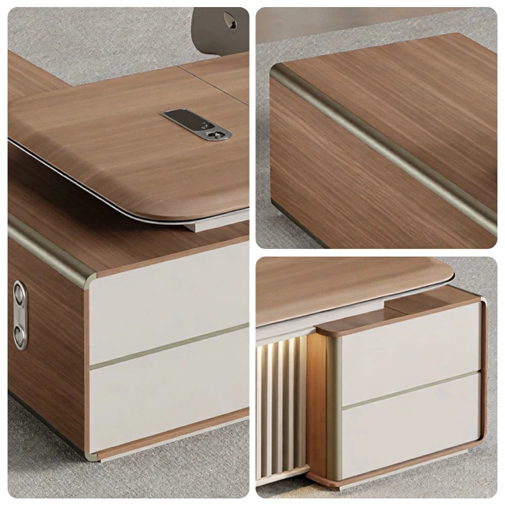 LUXORA 2.0m Flagship Executive Height Adjustable Desk - Premium Office Workstation with Storage - Walnut & Cream