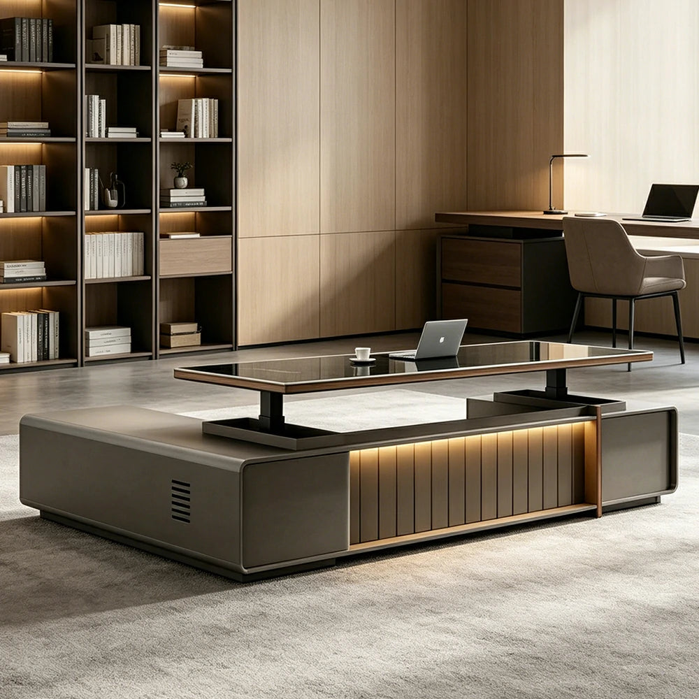 LUXORA 2.0m Executive Height Adjustable Desk - Modern Office Workstation with Storage - Grey