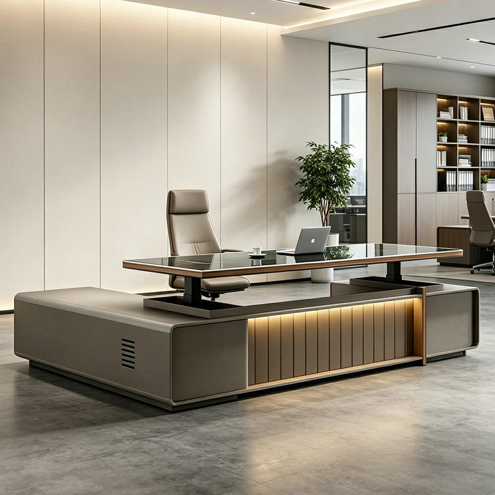 LUXORA 2.0m Executive Height Adjustable Desk - Modern Office Workstation with Storage - Grey