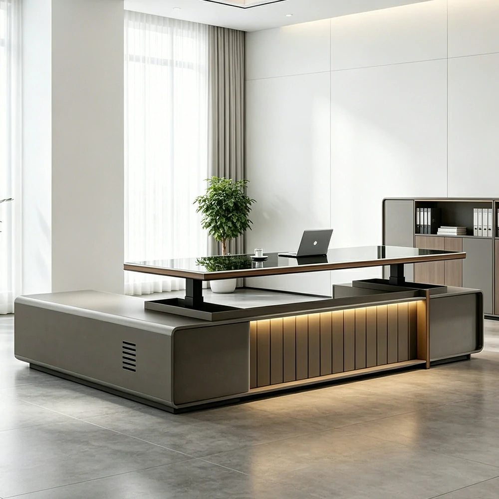 LUXORA 2.0m Executive Height Adjustable Desk - Modern Office Workstation with Storage - Grey
