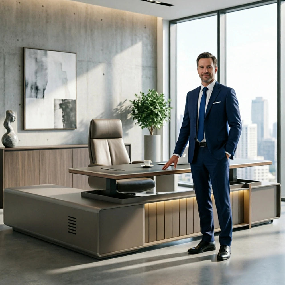 LUXORA 2.0m Executive Height Adjustable Desk - Modern Office Workstation with Storage - Grey