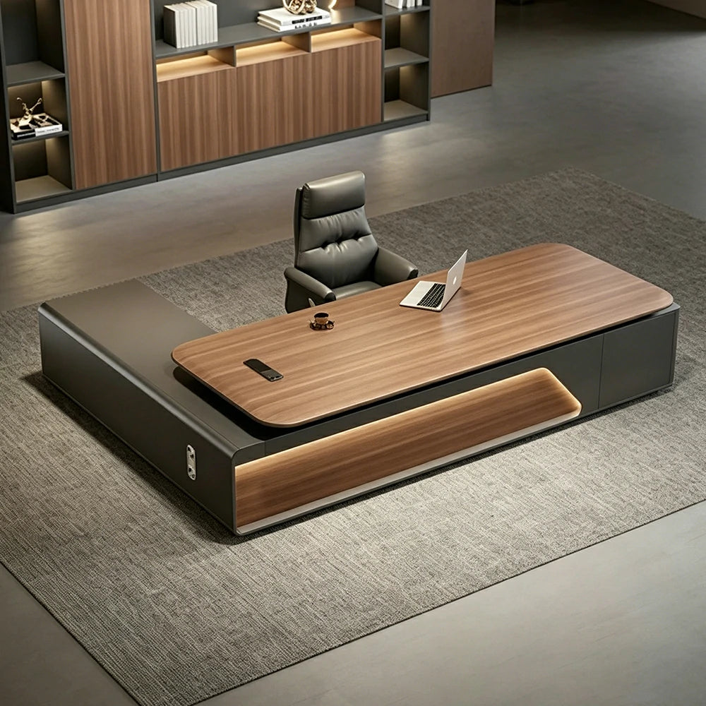 LUXORA 2.0m Flagship Executive Height Adjustable Desk - Premium Office Workstation with Multimedia Box - Walnut