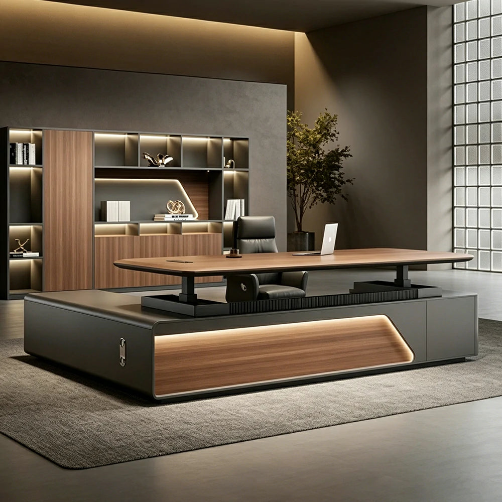LUXORA 2.0m Flagship Executive Height Adjustable Desk - Premium Office Workstation with Multimedia Box - Walnut