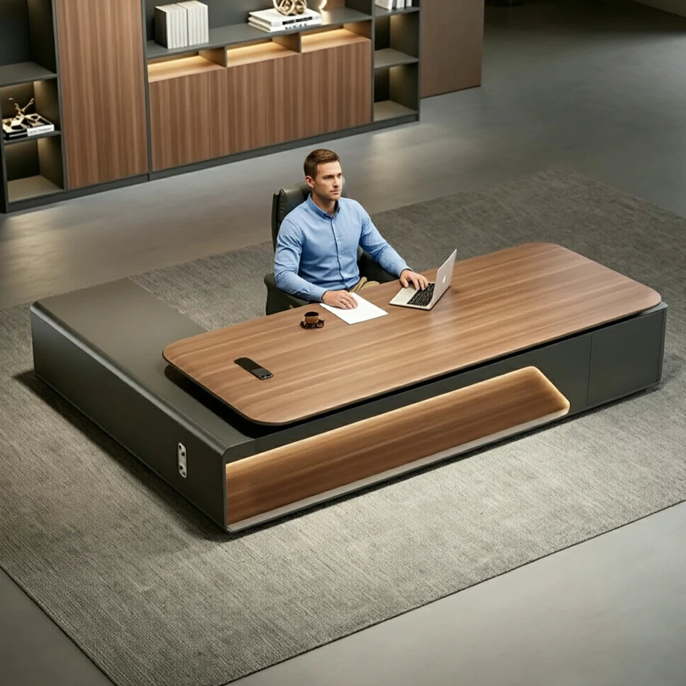 LUXORA 2.0m Flagship Executive Height Adjustable Desk - Premium Office Workstation with Multimedia Box - Walnut
