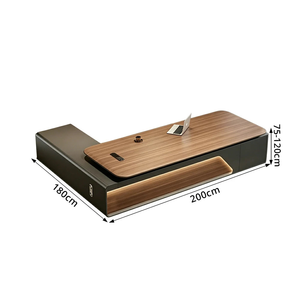 LUXORA 2.0m Flagship Executive Height Adjustable Desk - Premium Office Workstation with Multimedia Box - Walnut