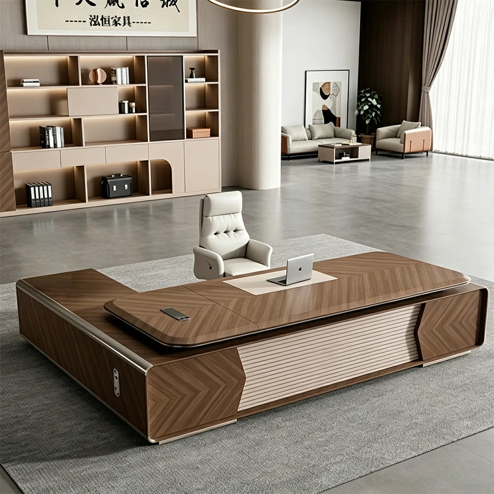 LUXORA 2.0m Flagship Executive Height Adjustable Desk - Premium Office Workstation with Multimedia Box - Walnut & Grey