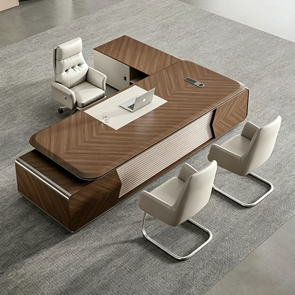 LUXORA 2.0m Flagship Executive Height Adjustable Desk - Premium Office Workstation with Multimedia Box - Walnut & Grey