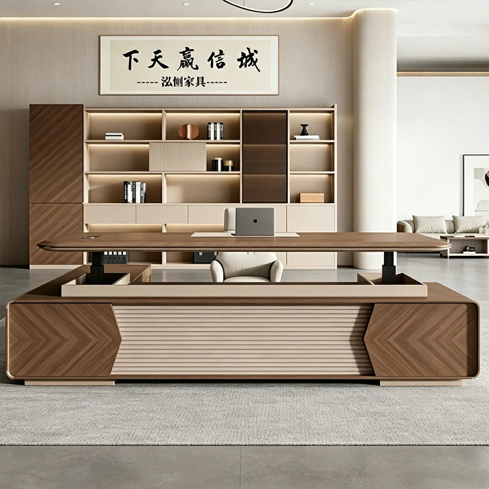 LUXORA 2.0m Flagship Executive Height Adjustable Desk - Premium Office Workstation with Multimedia Box - Walnut & Grey