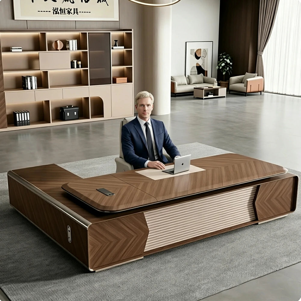 LUXORA 2.0m Flagship Executive Height Adjustable Desk - Premium Office Workstation with Multimedia Box - Walnut & Grey