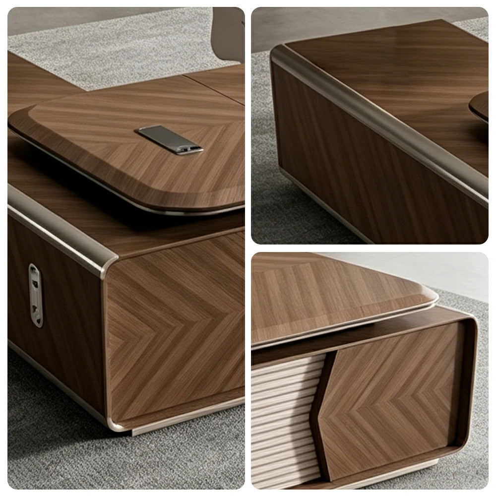 LUXORA 2.0m Flagship Executive Height Adjustable Desk - Premium Office Workstation with Multimedia Box - Walnut & Grey