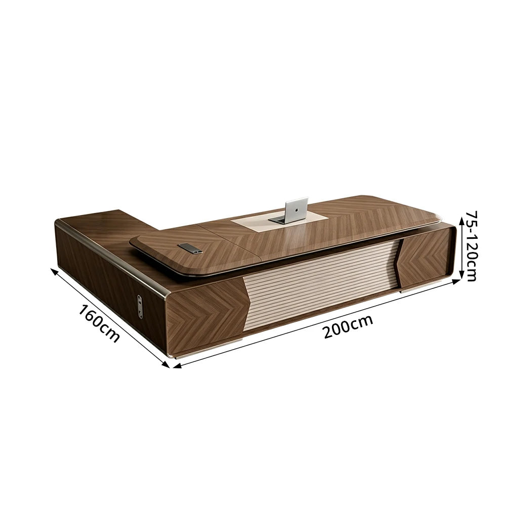 LUXORA 2.0m Flagship Executive Height Adjustable Desk - Premium Office Workstation with Multimedia Box - Walnut & Grey