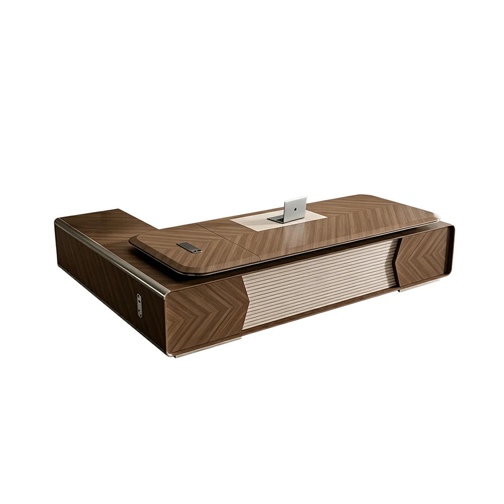 LUXORA 2.0m Flagship Executive Height Adjustable Desk - Premium Office Workstation with Multimedia Box - Walnut & Grey