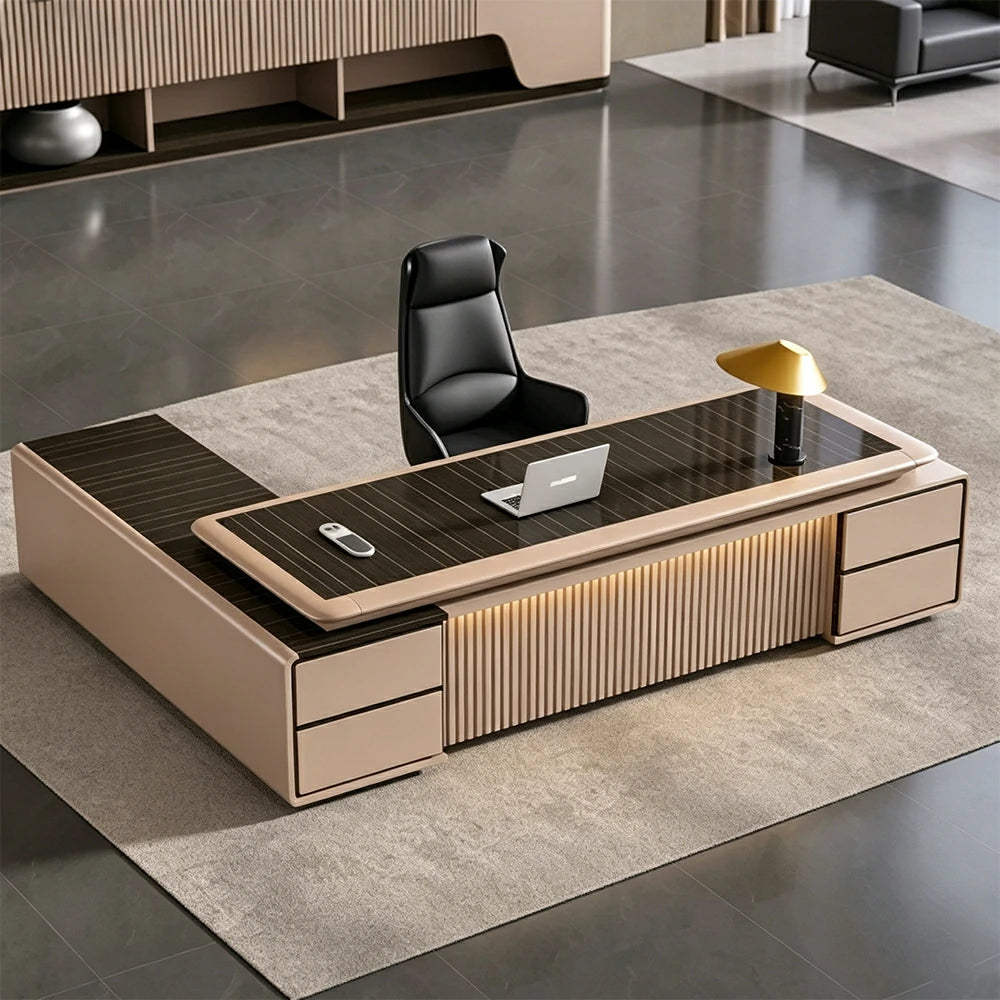 LUXORA 2.0m Luxury Executive Office Desk - Double Cabinet Manager Workstation - Glossy Black Ebony