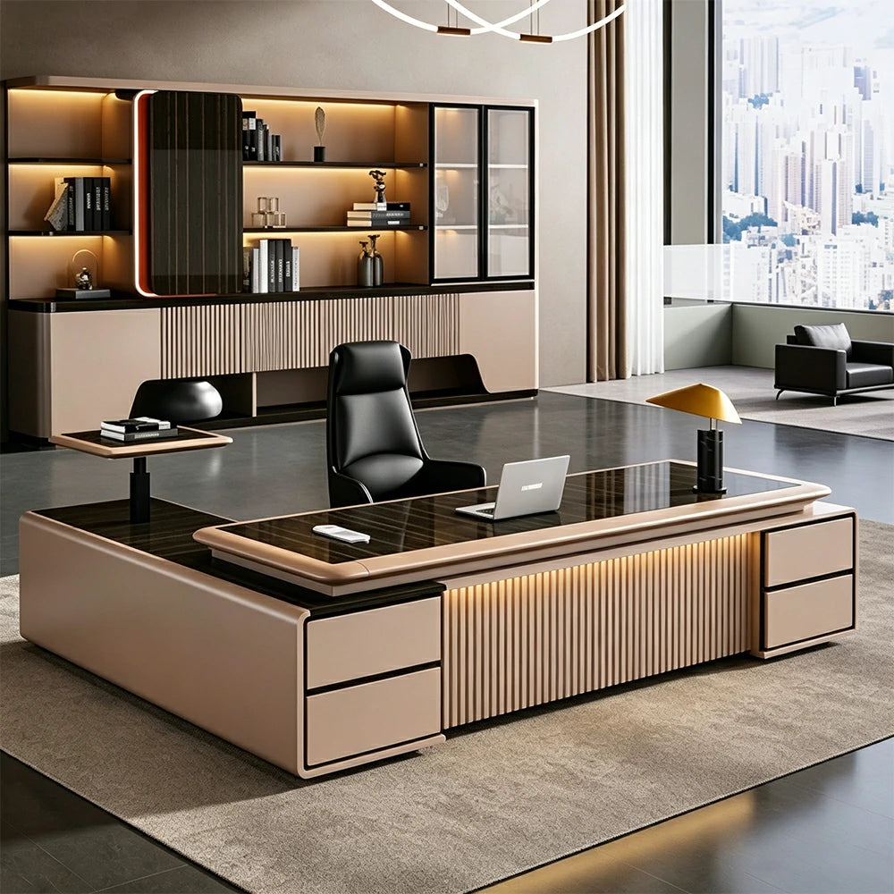 LUXORA 2.0m Luxury Executive Office Desk - Double Cabinet Manager Workstation - Glossy Black Ebony