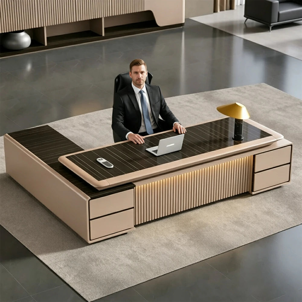 LUXORA 2.0m Luxury Executive Office Desk - Double Cabinet Manager Workstation - Glossy Black Ebony