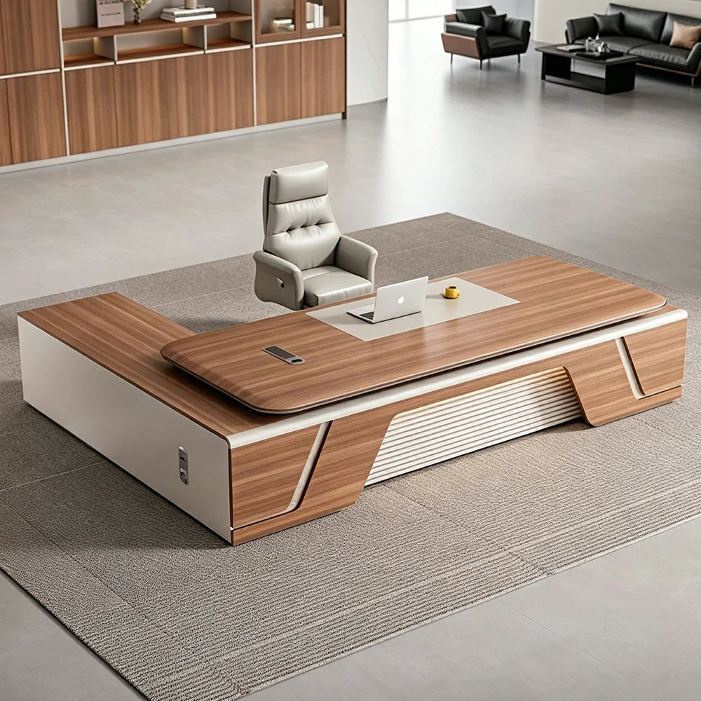 LUXORA 2.0m Flagship Executive Height Adjustable Desk - Premium Office Workstation with Side Cabinet - Walnut & Khaki