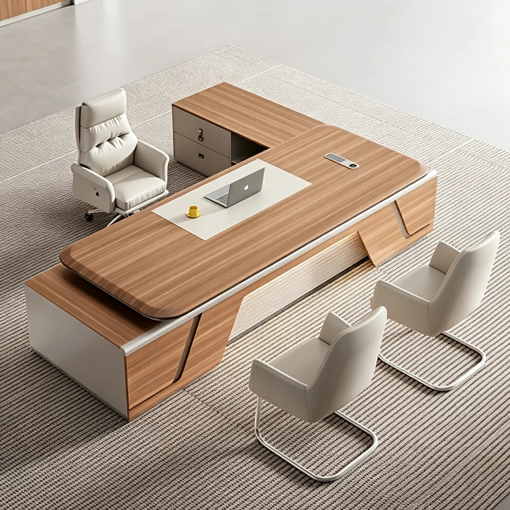 LUXORA 2.0m Flagship Executive Height Adjustable Desk - Premium Office Workstation with Side Cabinet - Walnut & Khaki