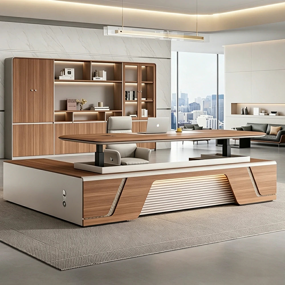 LUXORA 2.0m Flagship Executive Height Adjustable Desk - Premium Office Workstation with Side Cabinet - Walnut & Khaki