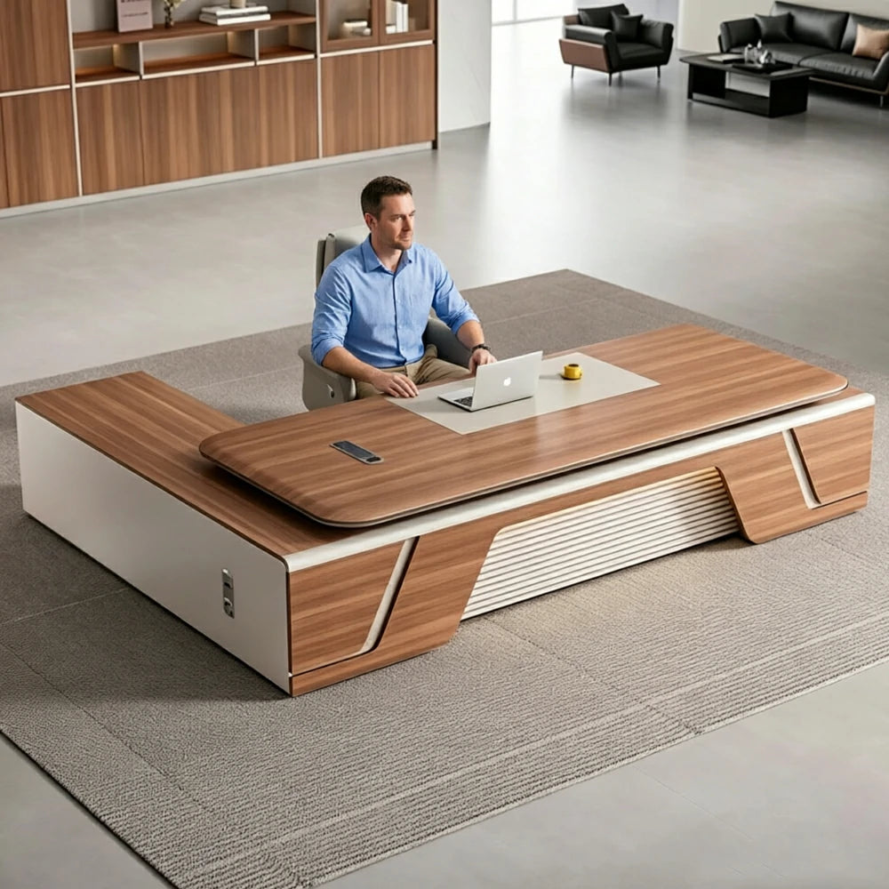 LUXORA 2.0m Flagship Executive Height Adjustable Desk - Premium Office Workstation with Side Cabinet - Walnut & Khaki