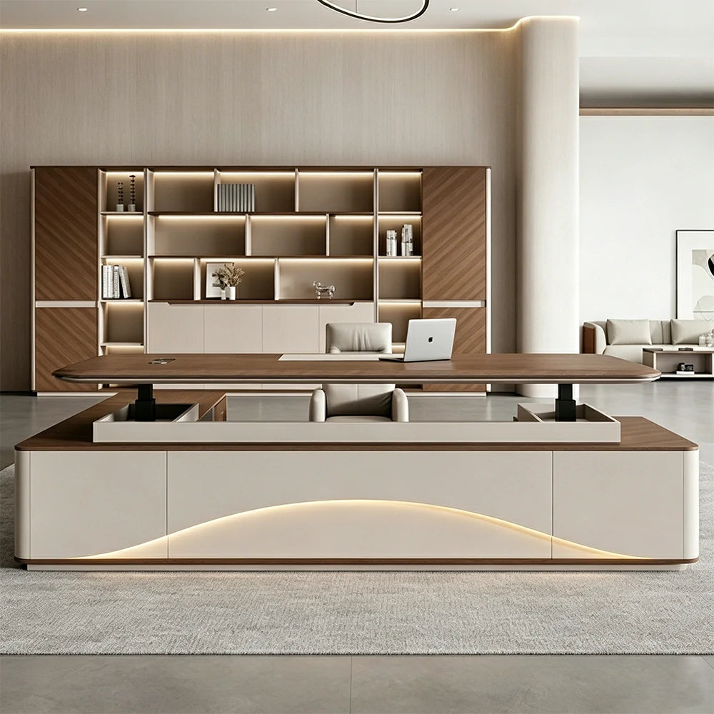 LUXORA 2.0m Flagship Executive Height Adjustable Desk - Premium Office Workstation with Side Cabinet - Walnut & Grey