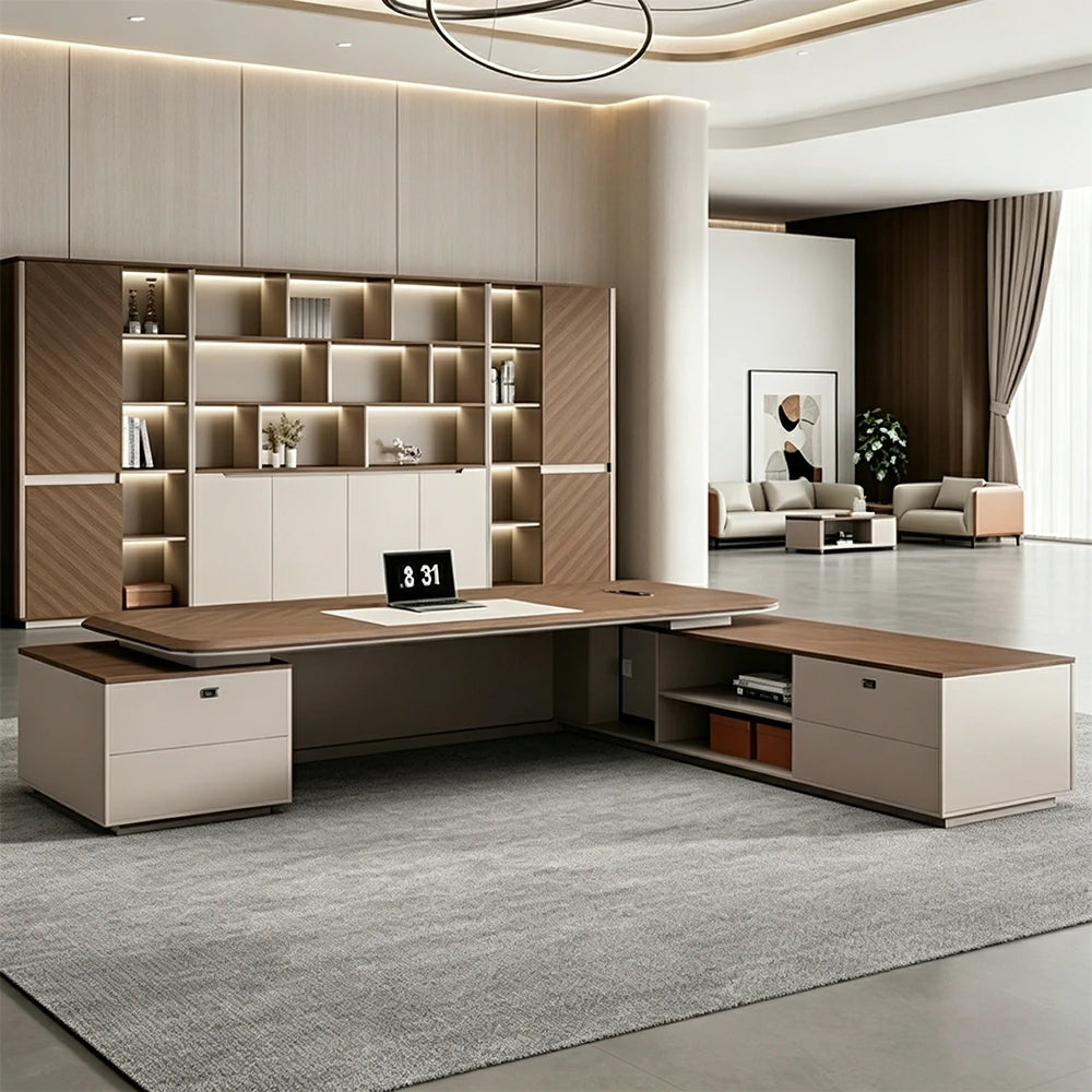 LUXORA 2.0m Flagship Executive Height Adjustable Desk - Premium Office Workstation with Side Cabinet - Walnut & Grey