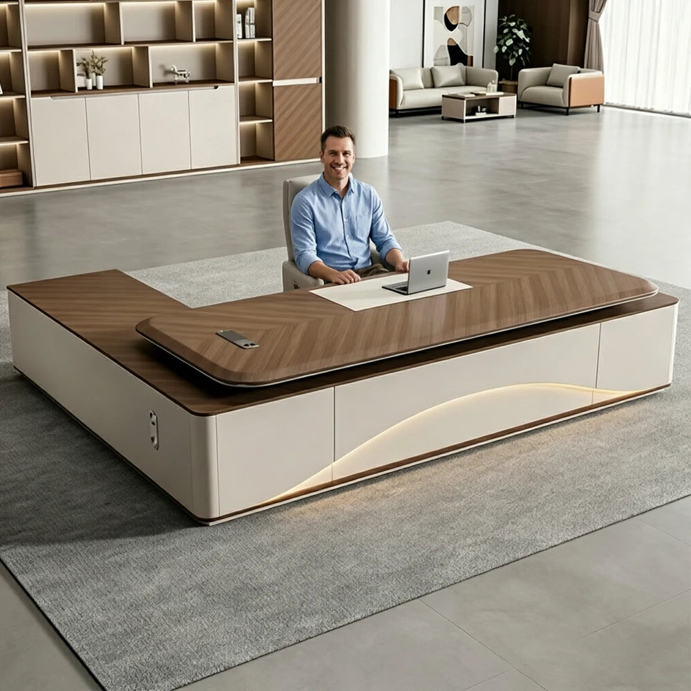 LUXORA 2.0m Flagship Executive Height Adjustable Desk - Premium Office Workstation with Side Cabinet - Walnut & Grey