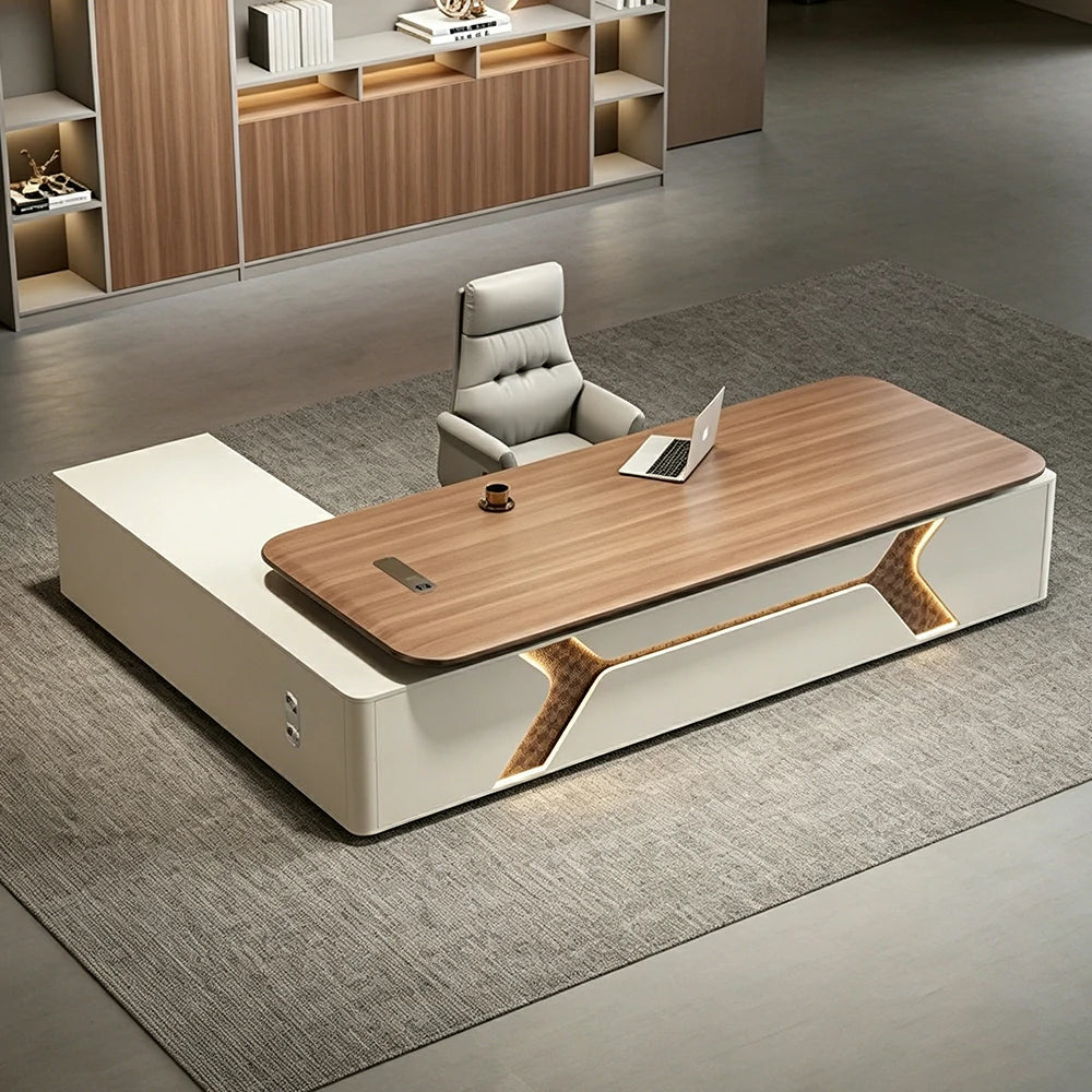 LUXORA Executive Office Desk - Modern Manager Workstation with LED Accent Storage Cabinet - Walnut & Cream