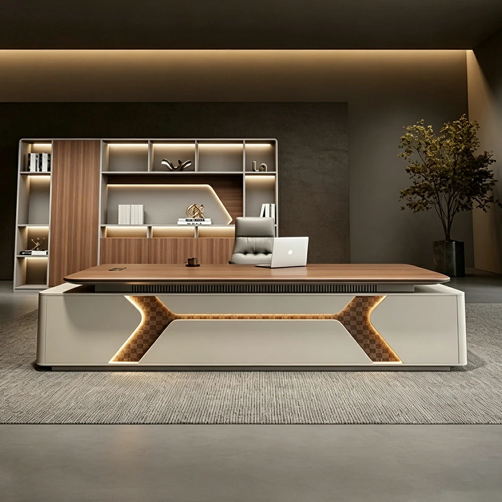 LUXORA Executive Office Desk - Modern Manager Workstation with LED Accent Storage Cabinet - Walnut & Cream