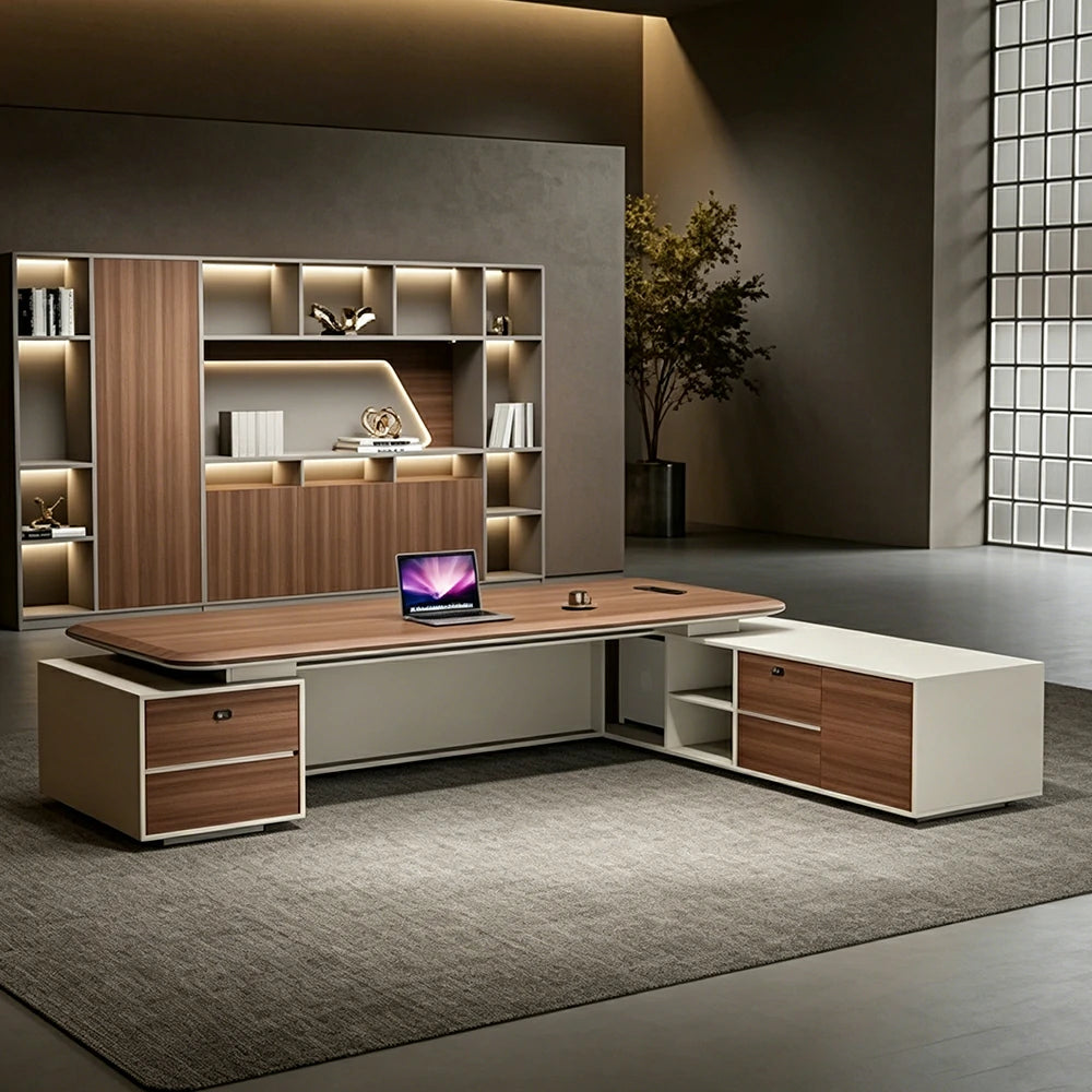 LUXORA Executive Office Desk - Modern Manager Workstation with LED Accent Storage Cabinet - Walnut & Cream