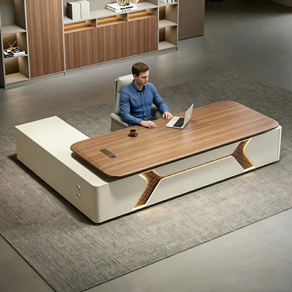 LUXORA Executive Office Desk - Modern Manager Workstation with LED Accent Storage Cabinet - Walnut & Cream
